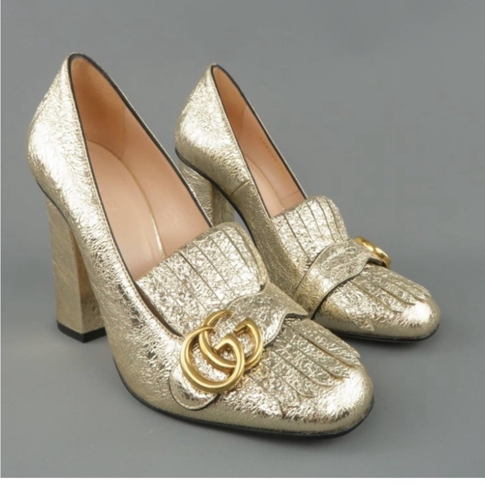 GUCCI Gold Metallic GG Logo Marmont Loafer Heels